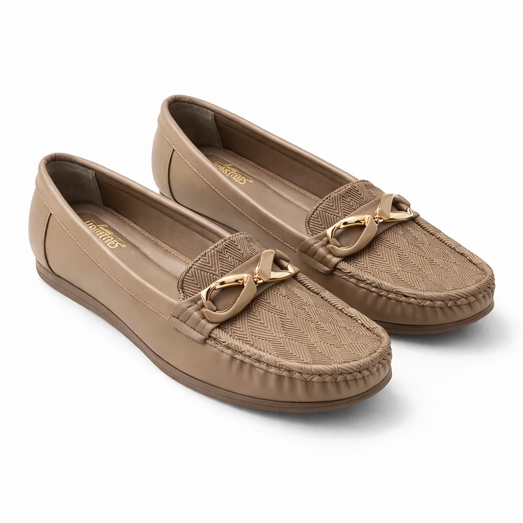 Women Comfortable Walking Loafers with Metal Buckle – Beige - UrbanToes