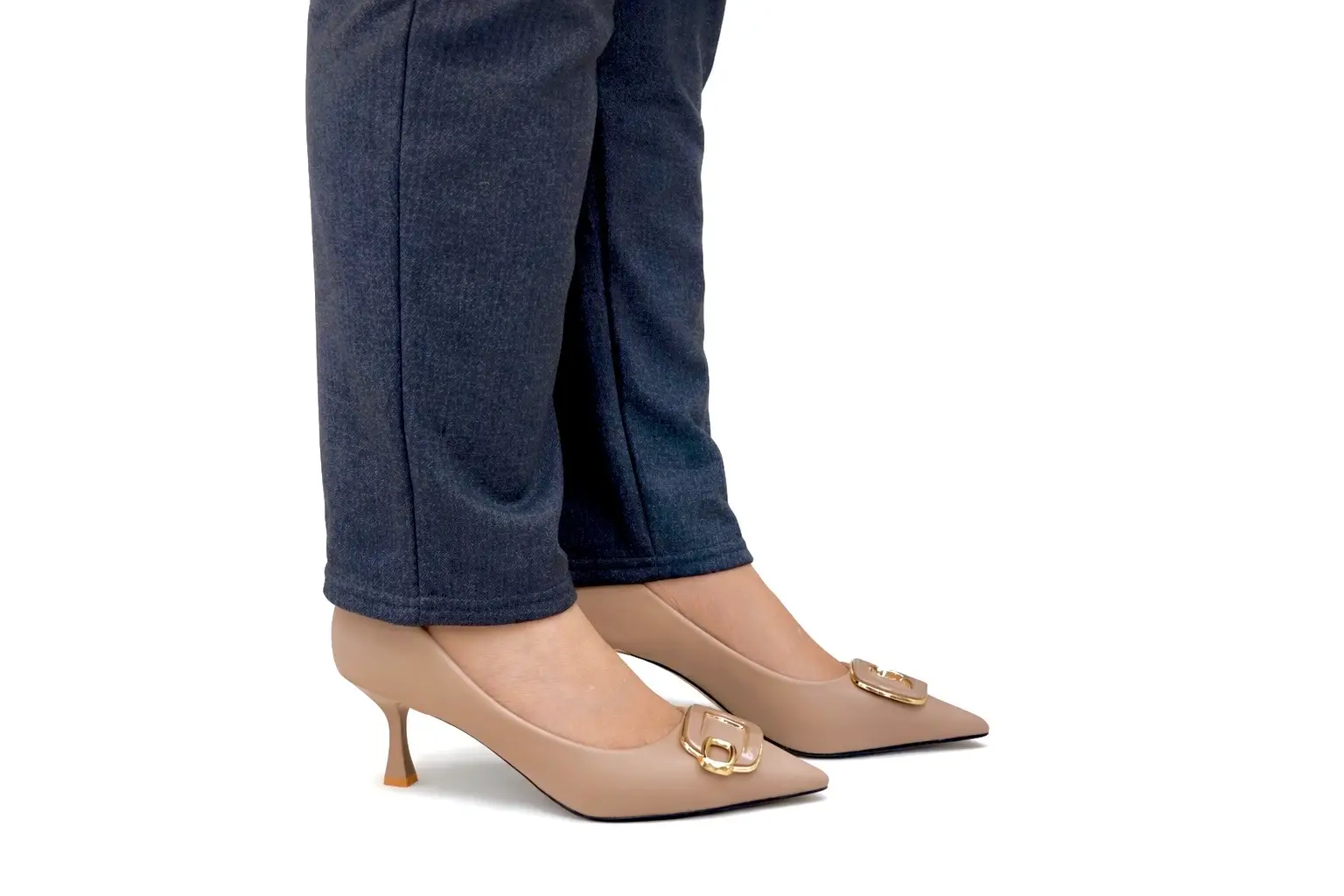 Urbantoes Elegant Brown Pointed-Toe Kitten Heels with Gold Buckle Detail - UrbanToes