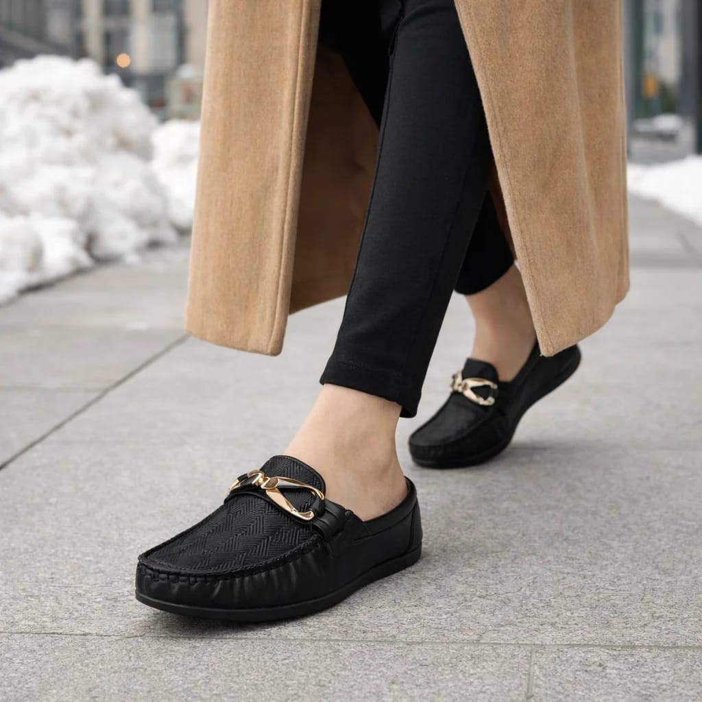 Women Comfortable Walking Loafers with Metal Buckle – Black - UrbanToes