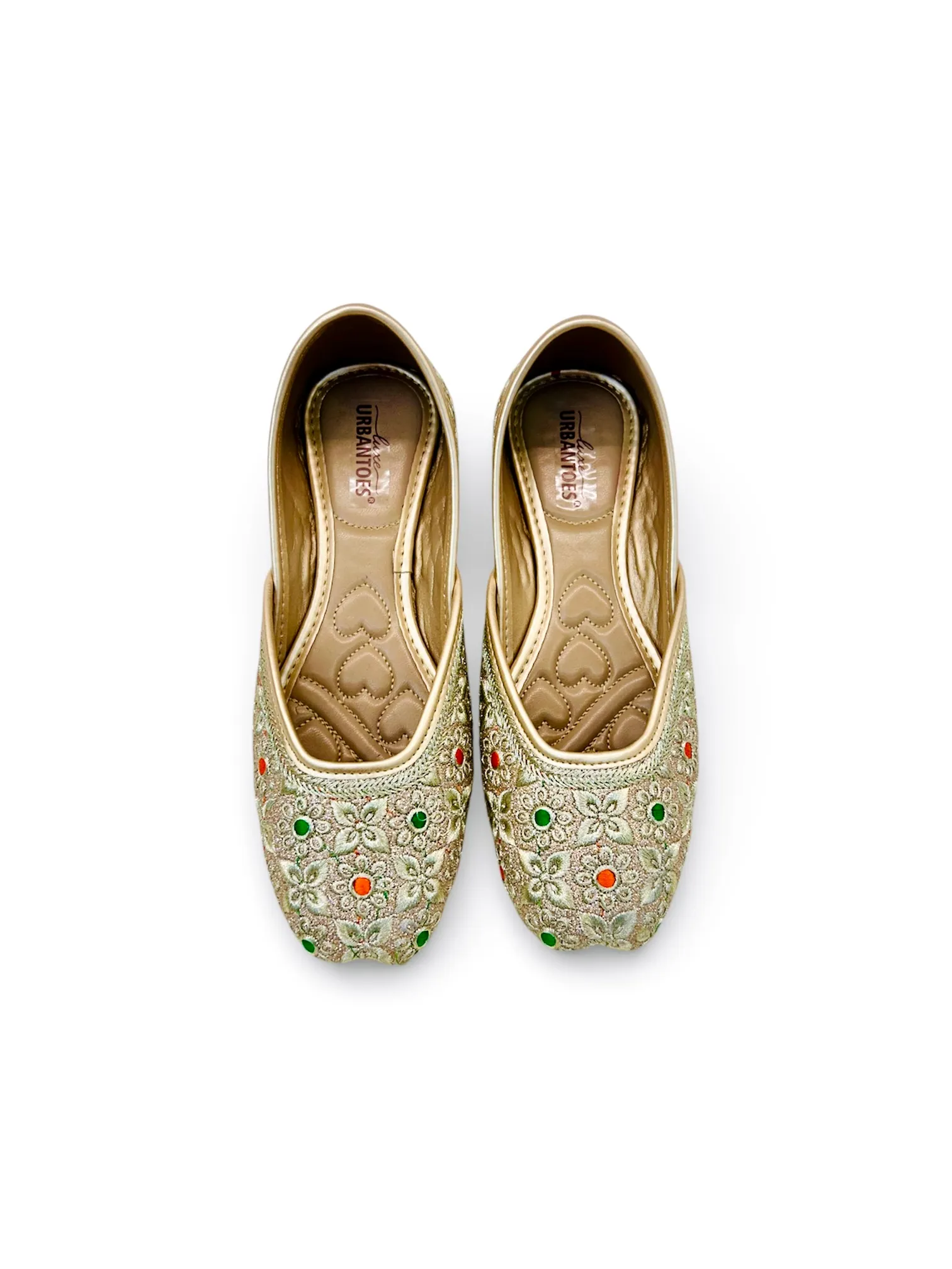 Women’s Multicolour Golden Embroidered Punjabi Jutti with Floral Motifs - UrbanToes