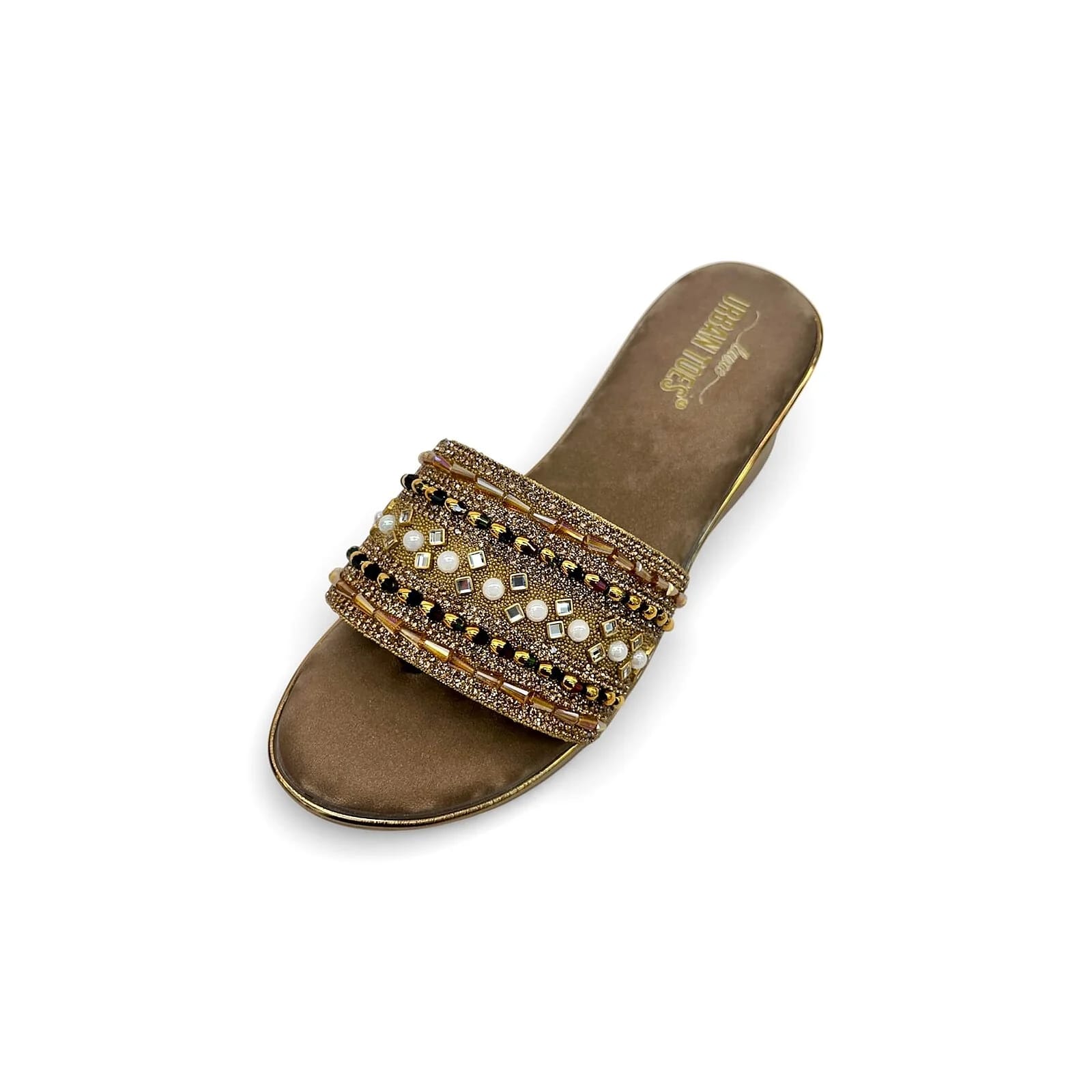 Womenâs Brown Stonework Wedge Slide Sandals for Festive & Party Wear - UrbanToes