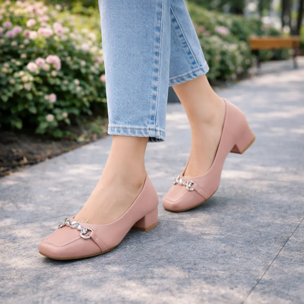 UrbanToes Women’s Blush Pink Block Heel Pumps with Stone Detail - UrbanToes