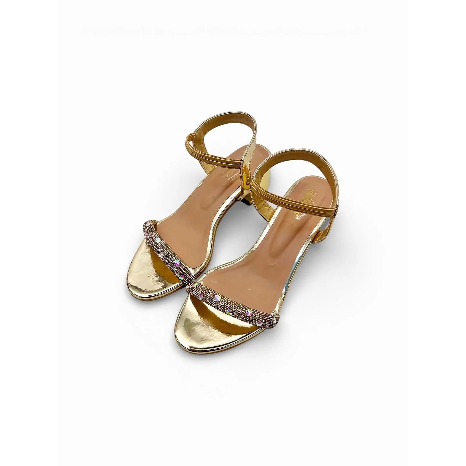 Gold Block Heel Sandals for Women β Embellished Ankle Strap Party Wear Heels - UrbanToes