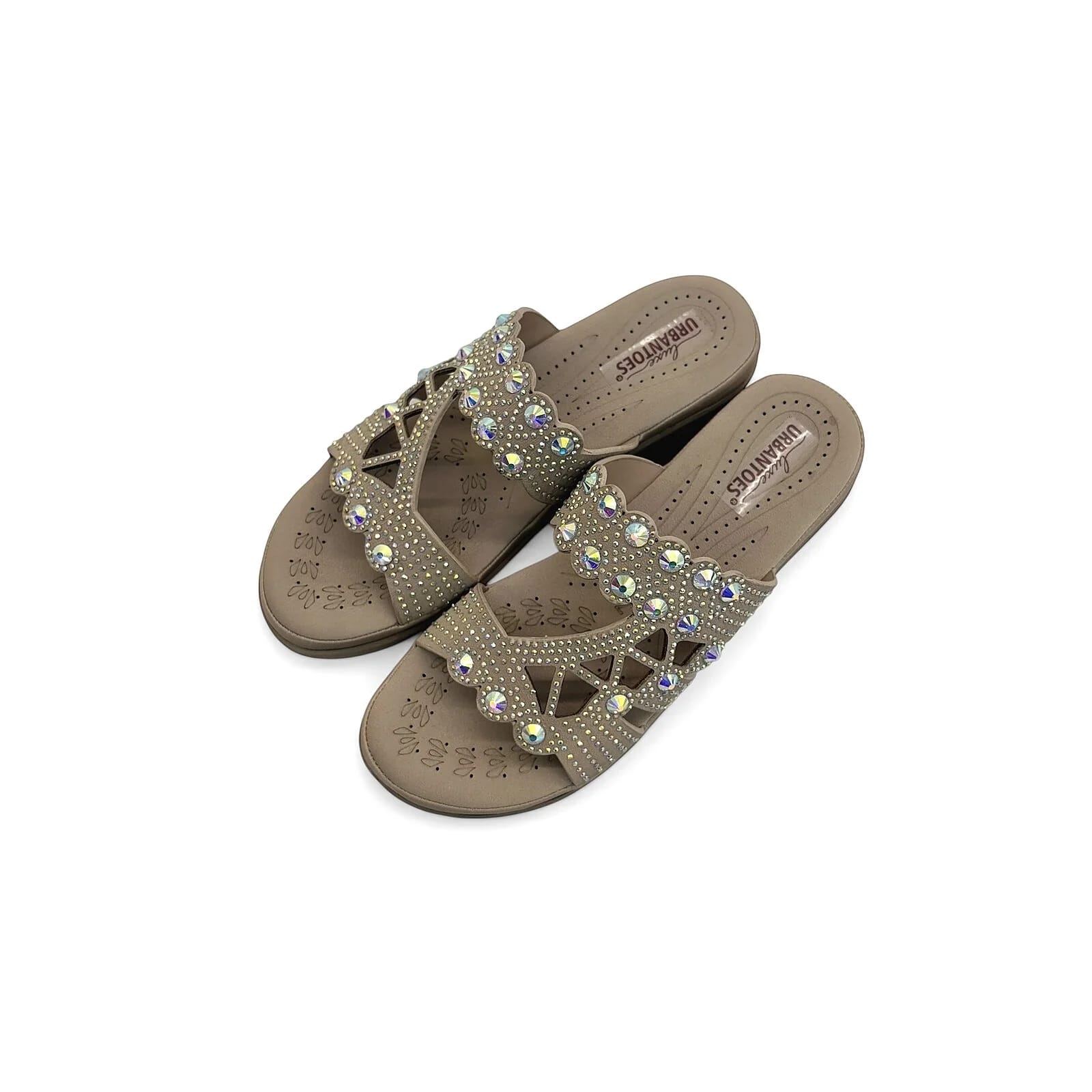 Light Gold Stone Work Block Heel Slide Sandals for Women - UrbanToes