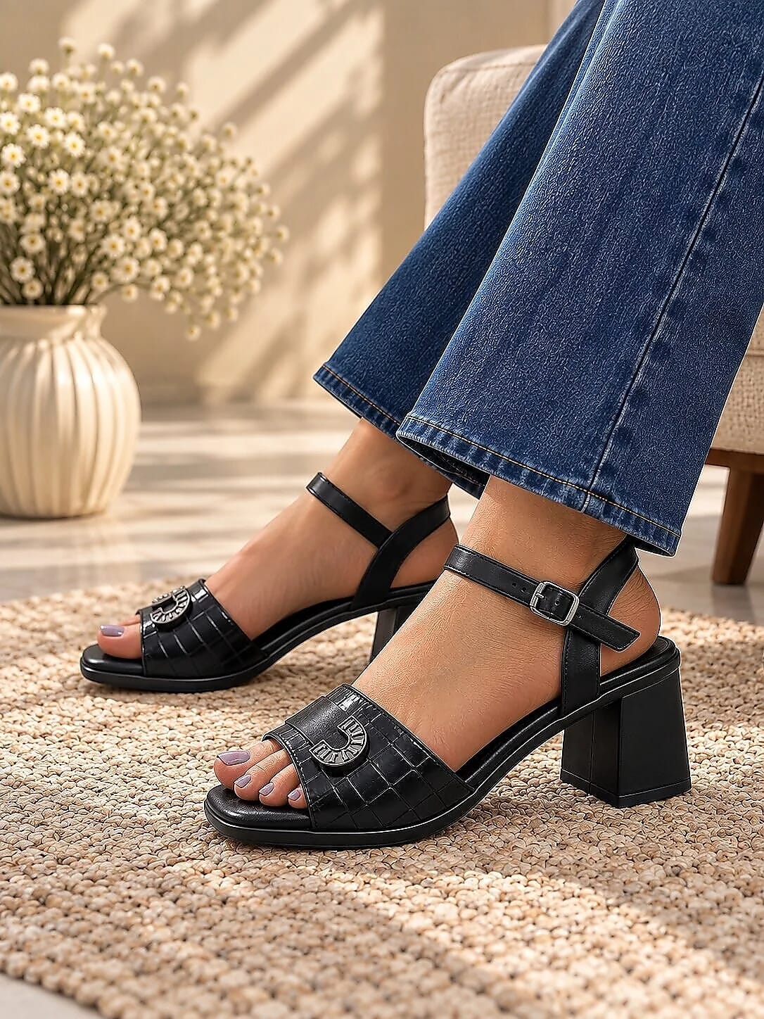 Black Block Heel Sandals for Women with Ankle Strap & Buckle - UrbanToes
