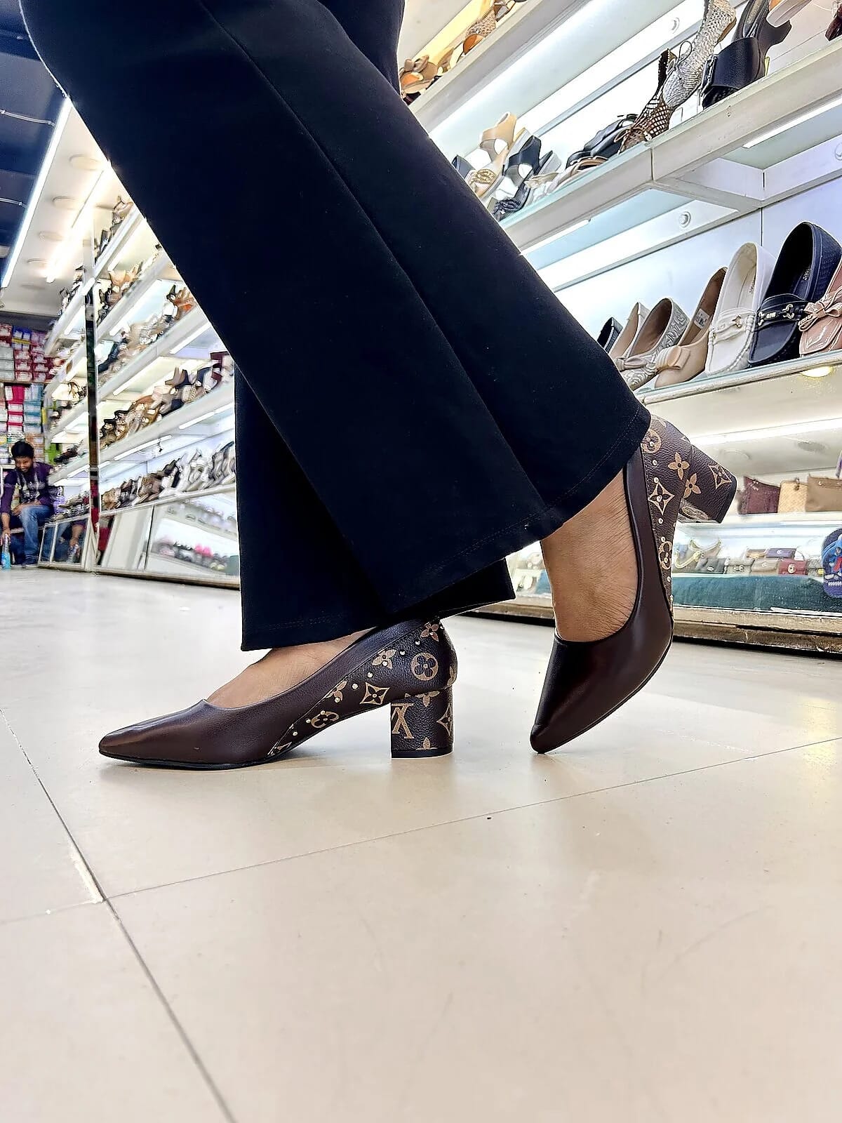 Brown Printed Block Heel Pumps for Women - UrbanToes