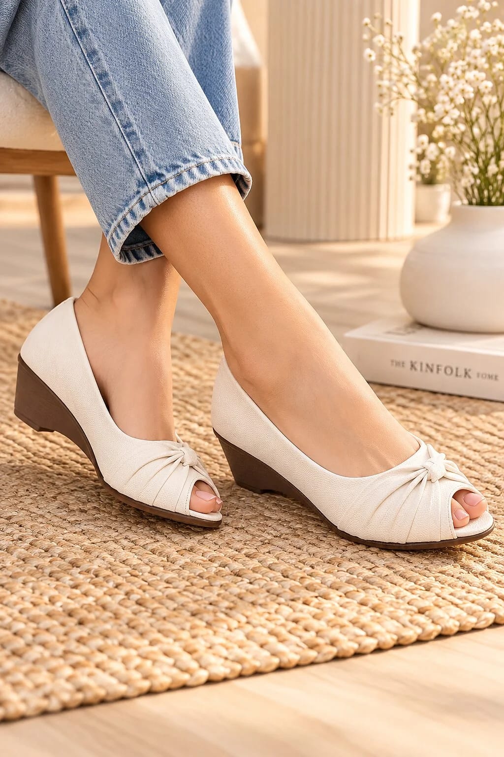 Women White Peep-Toe Wedge Heels with Bow Detail - UrbanToes