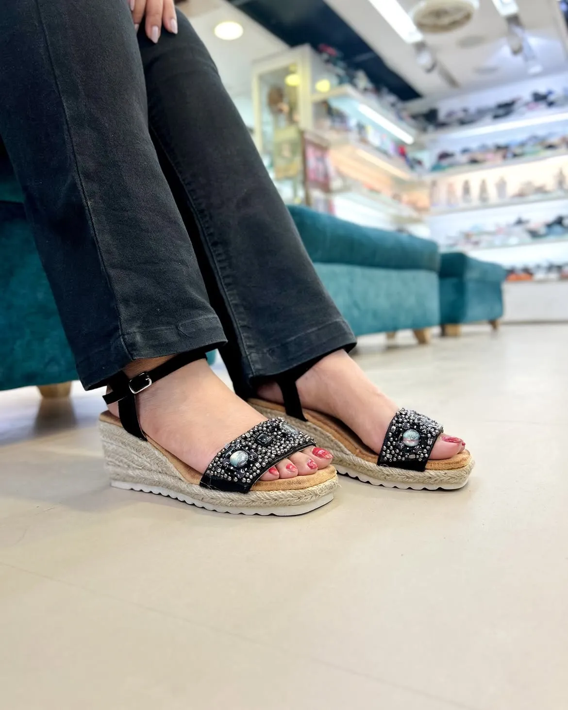 Glimmer Black Studded Wedge Sandals - UrbanToes