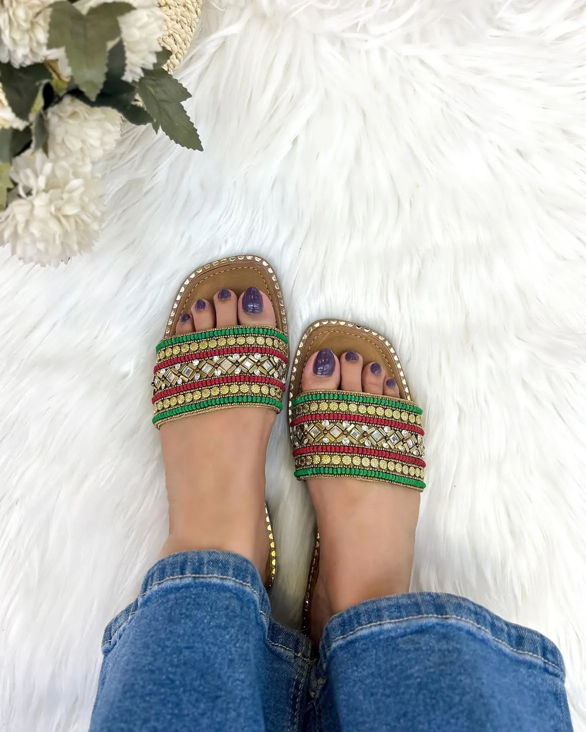 Blossom embroidery flats slippers gold - UrbanToes