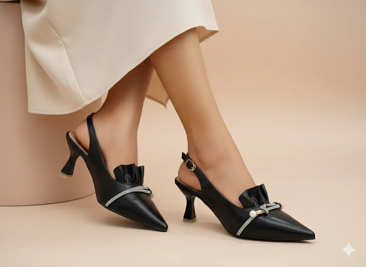 URBANTOES Elegant Ruffled Slingback Heels Black - UrbanToes