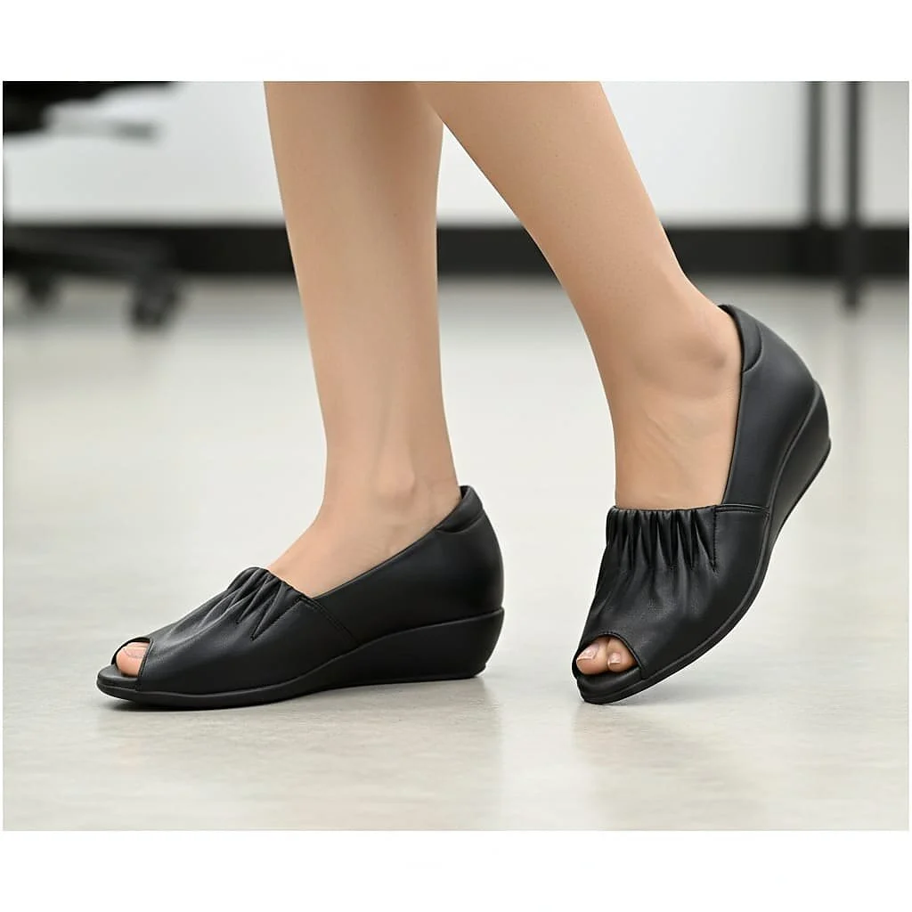 Womenâs Black Peep Toe Wedge Shoes with Cushioned Comfort - UrbanToes