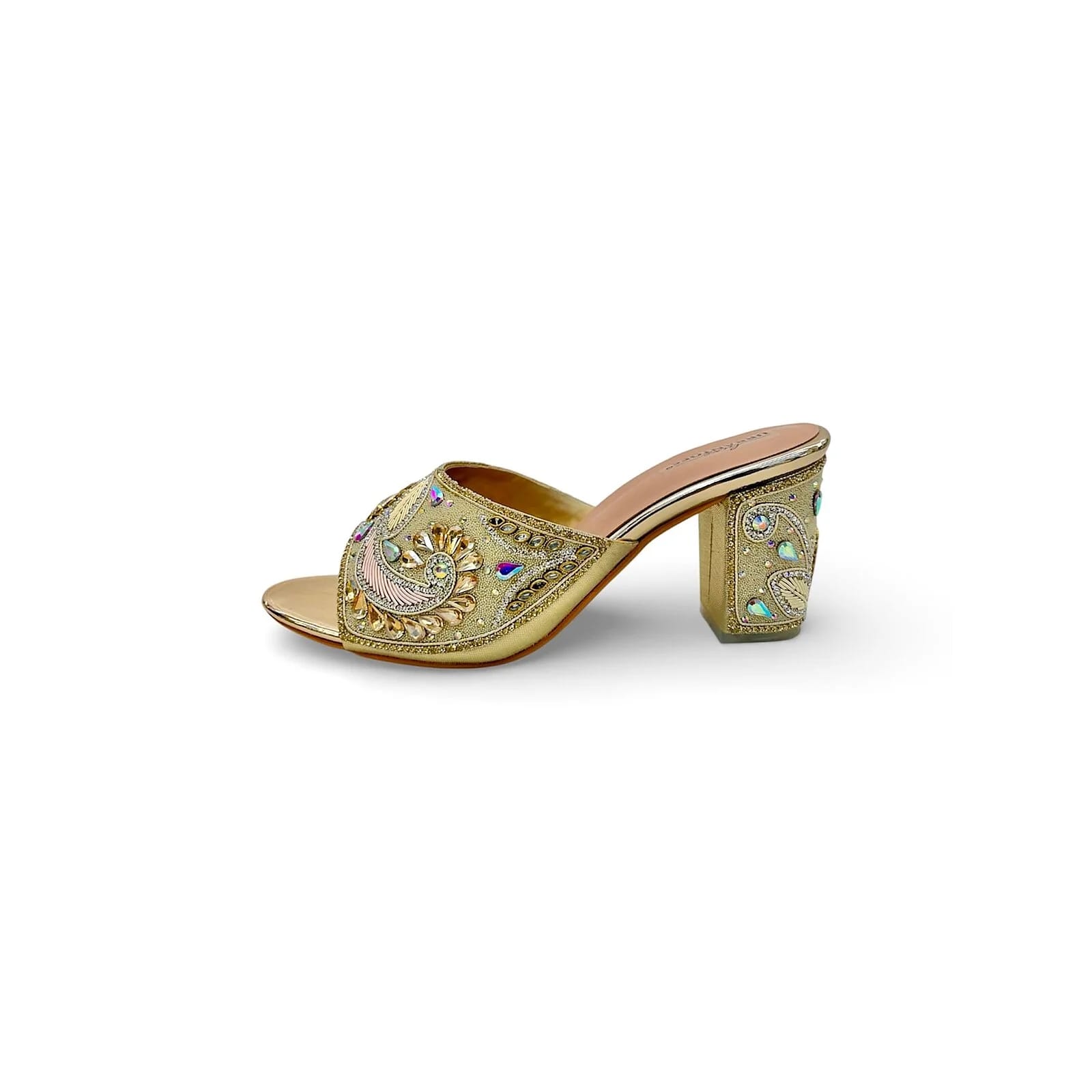 Womenâs Gold Embellished Block Heel Mules â Festive & Wedding Party Wear Sandals - UrbanToes