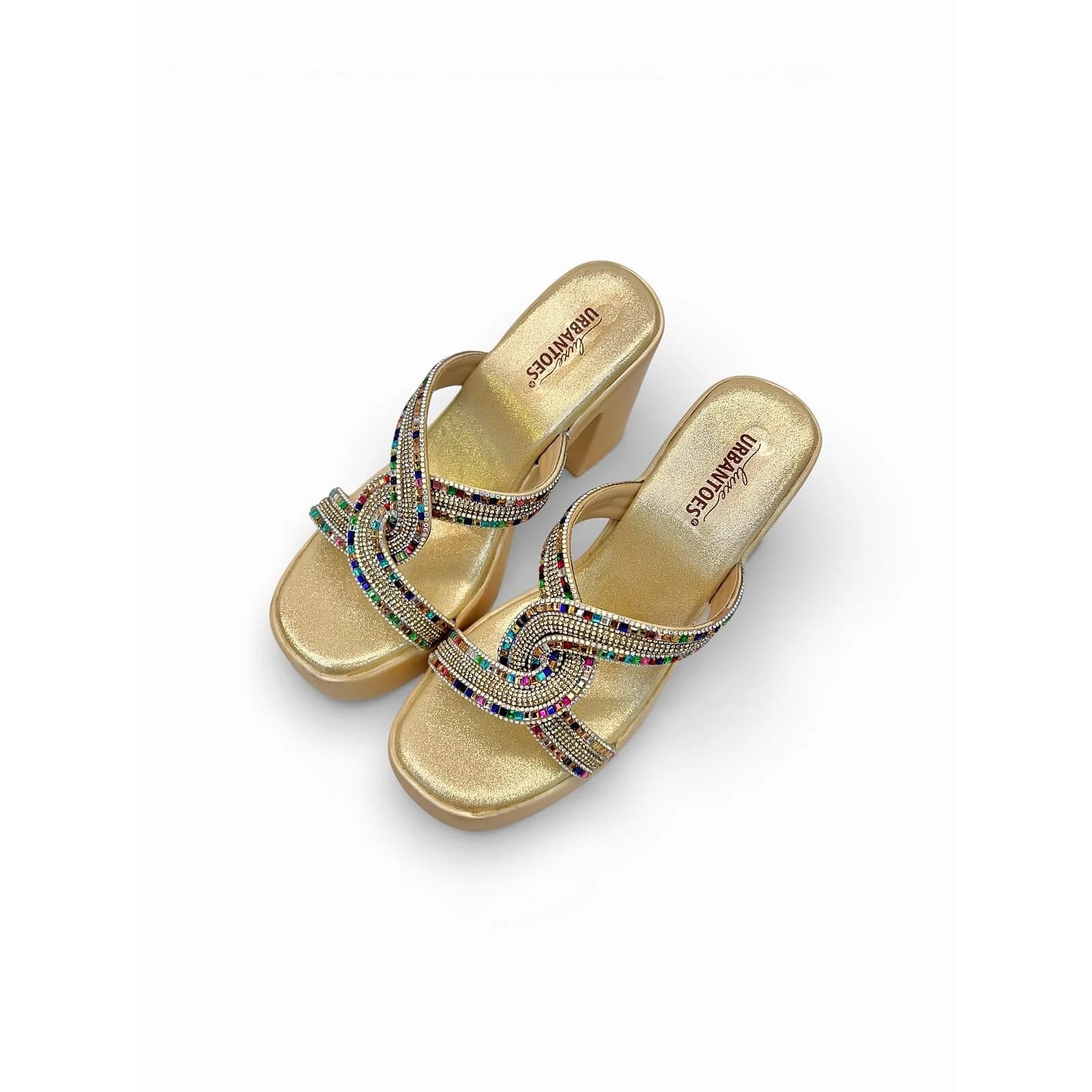 Gold Platform Block Heels for Women â Multicolor Stone Party Wear Sandals - UrbanToes