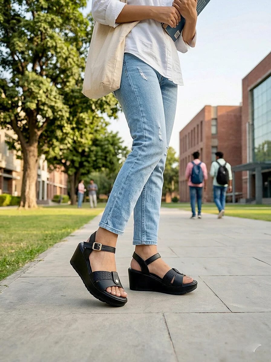 Black Comfort Wedge Sandals for Women β Ankle Strap Everyday Wear - UrbanToes