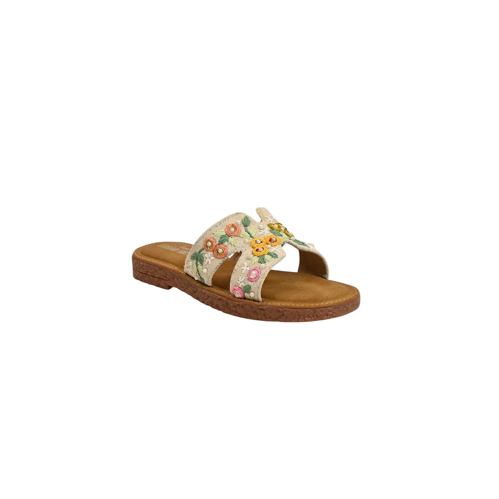 Beige embroidered flat sandals for women