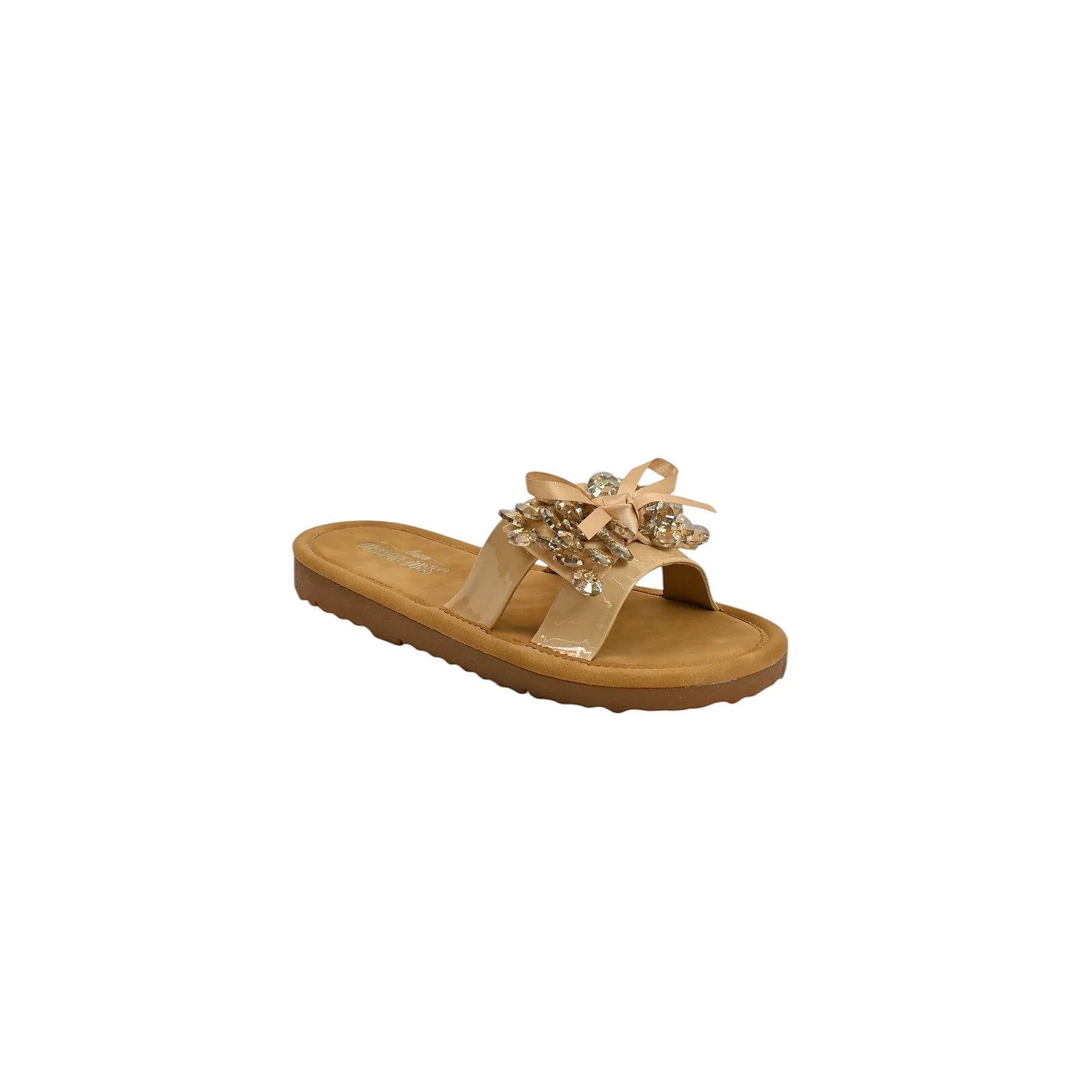 Beige Embellished Flat Slide Sandals for Women β Crystal Bow Comfort Flats - UrbanToes