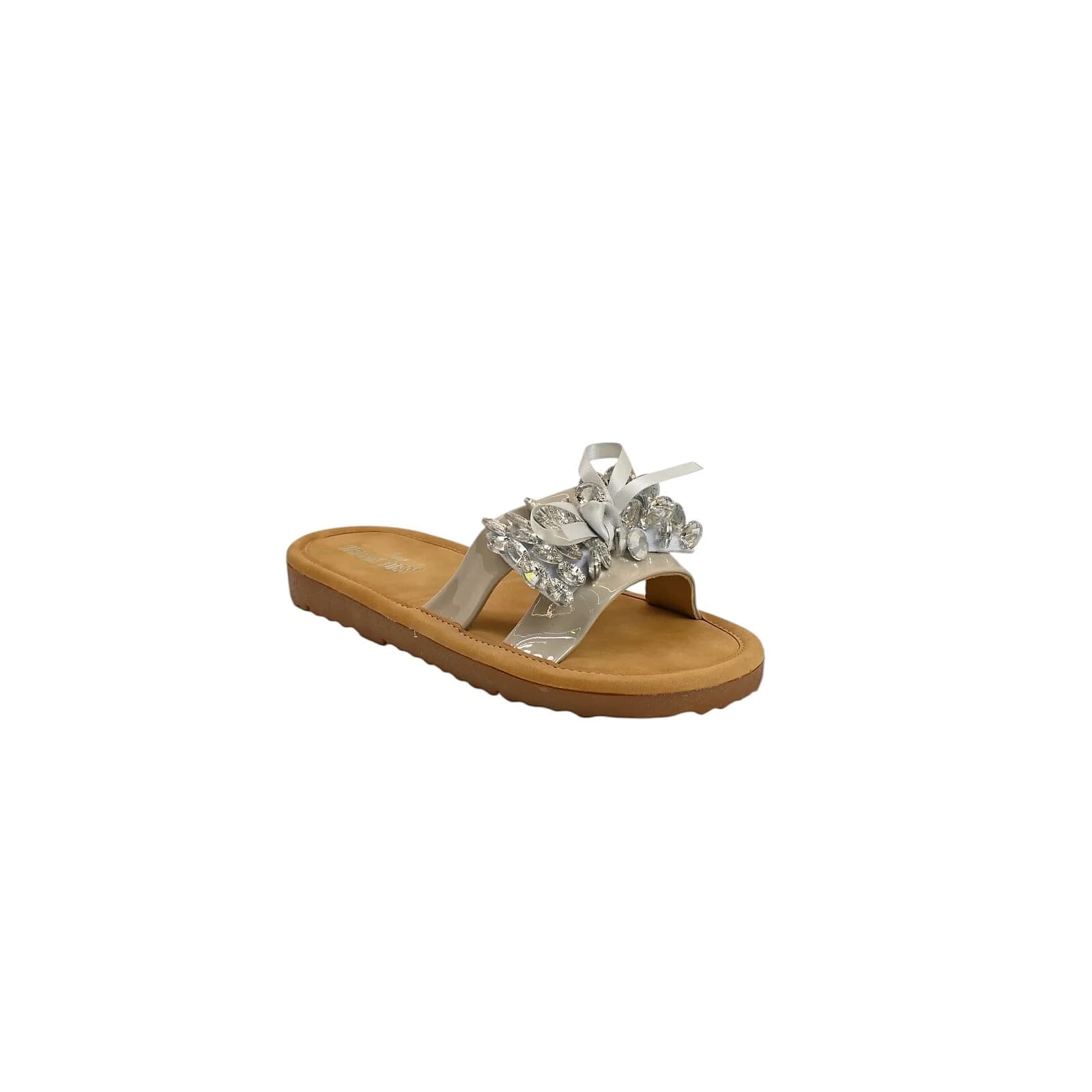 Grey Embellished Flat Slide Sandals for Women – Crystal Bow Comfort Flats