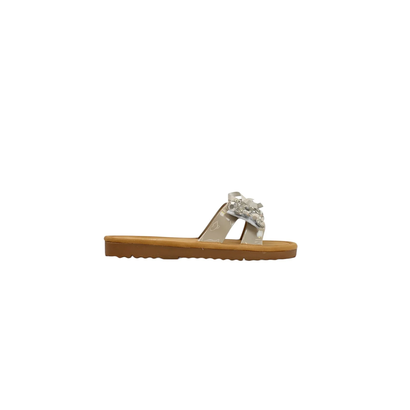 Grey Embellished Flat Slide Sandals for Women – Crystal Bow Comfort Flats