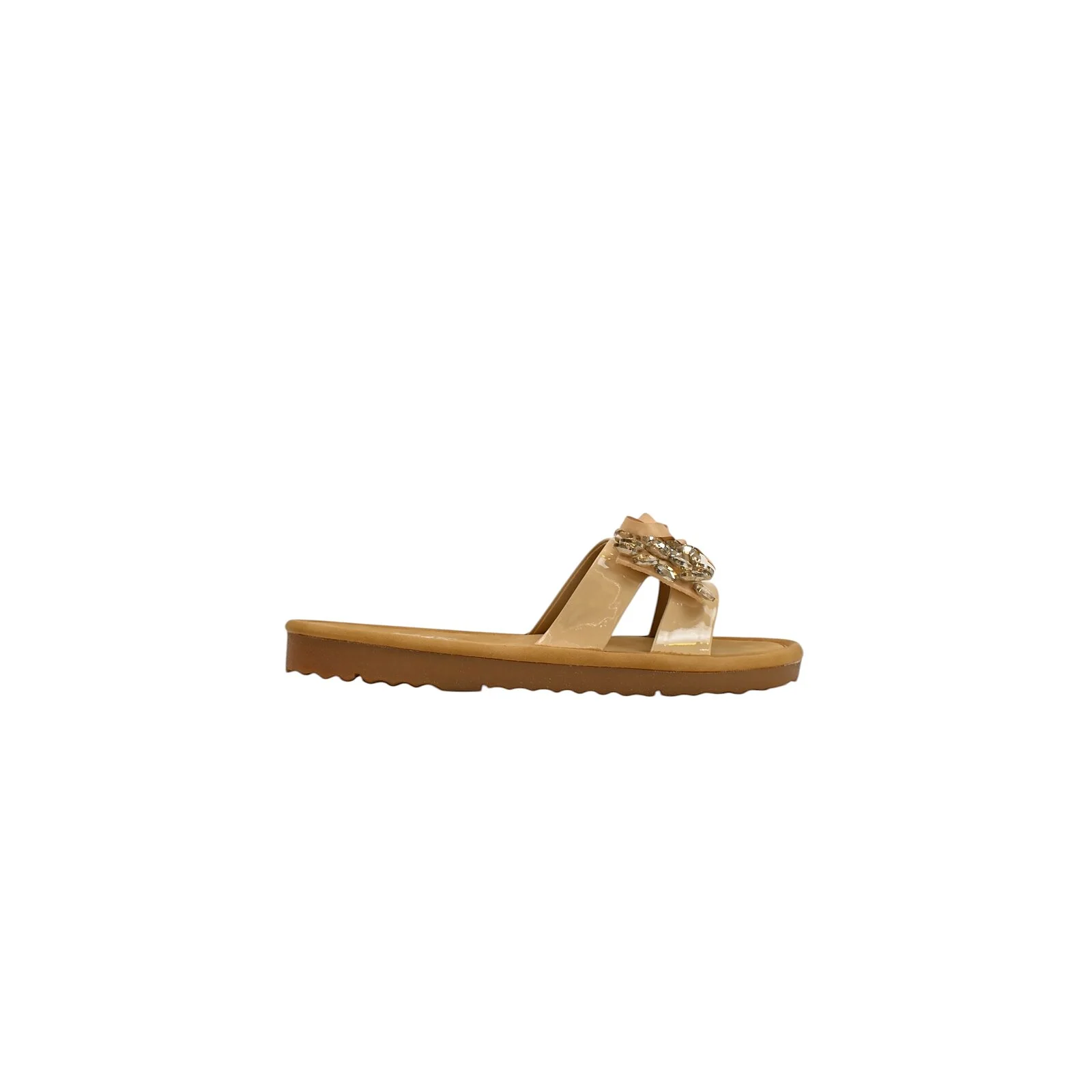 Beige Embellished Flat Slide Sandals for Women – Crystal Bow Comfort Flats