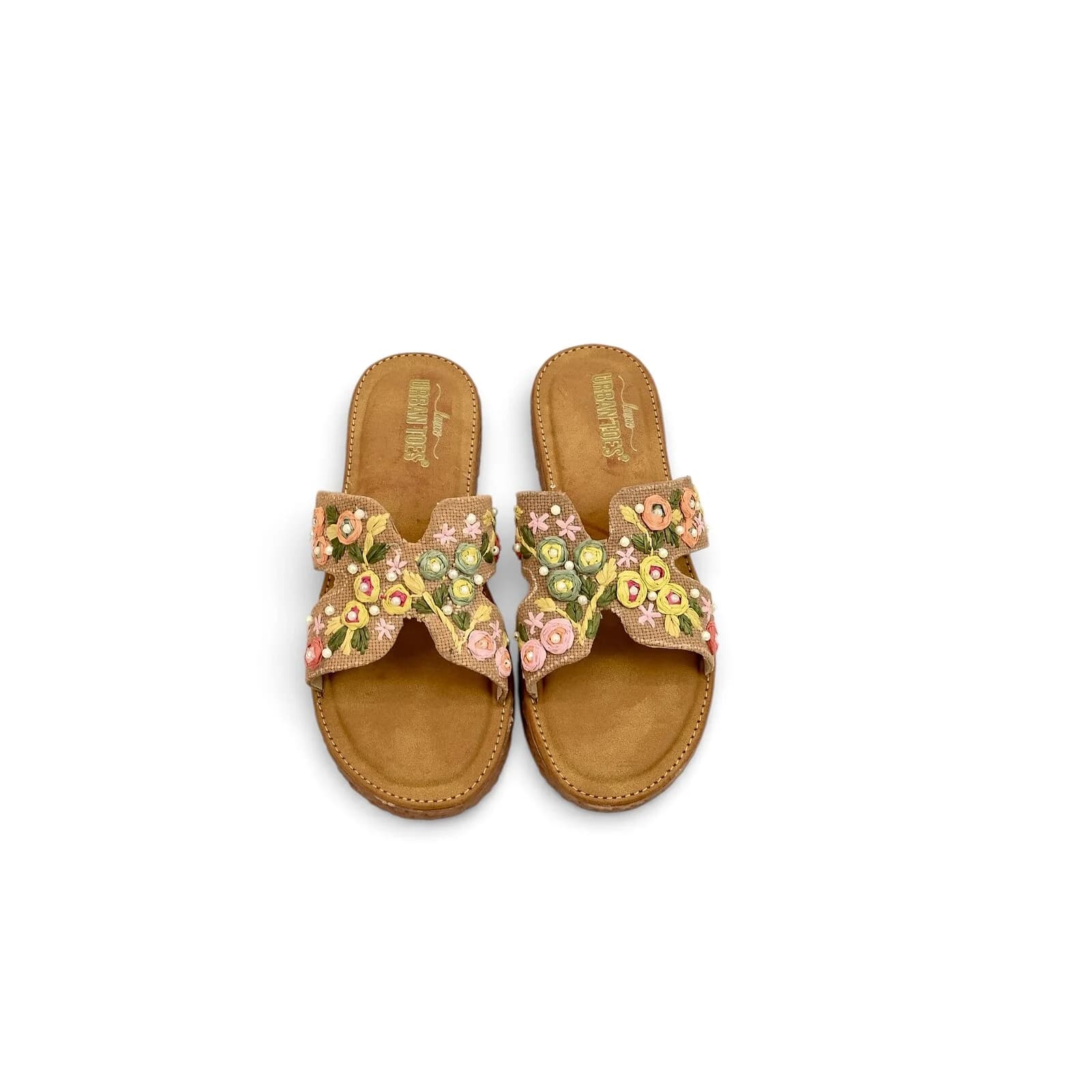 Peach embroidered flat sandals for women