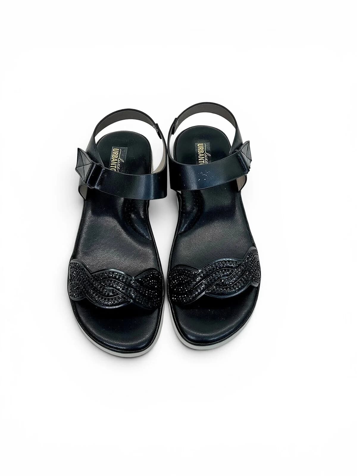 Black Comfort Wedge Sandals for Women with Rhinestone Strap | UrbanToes