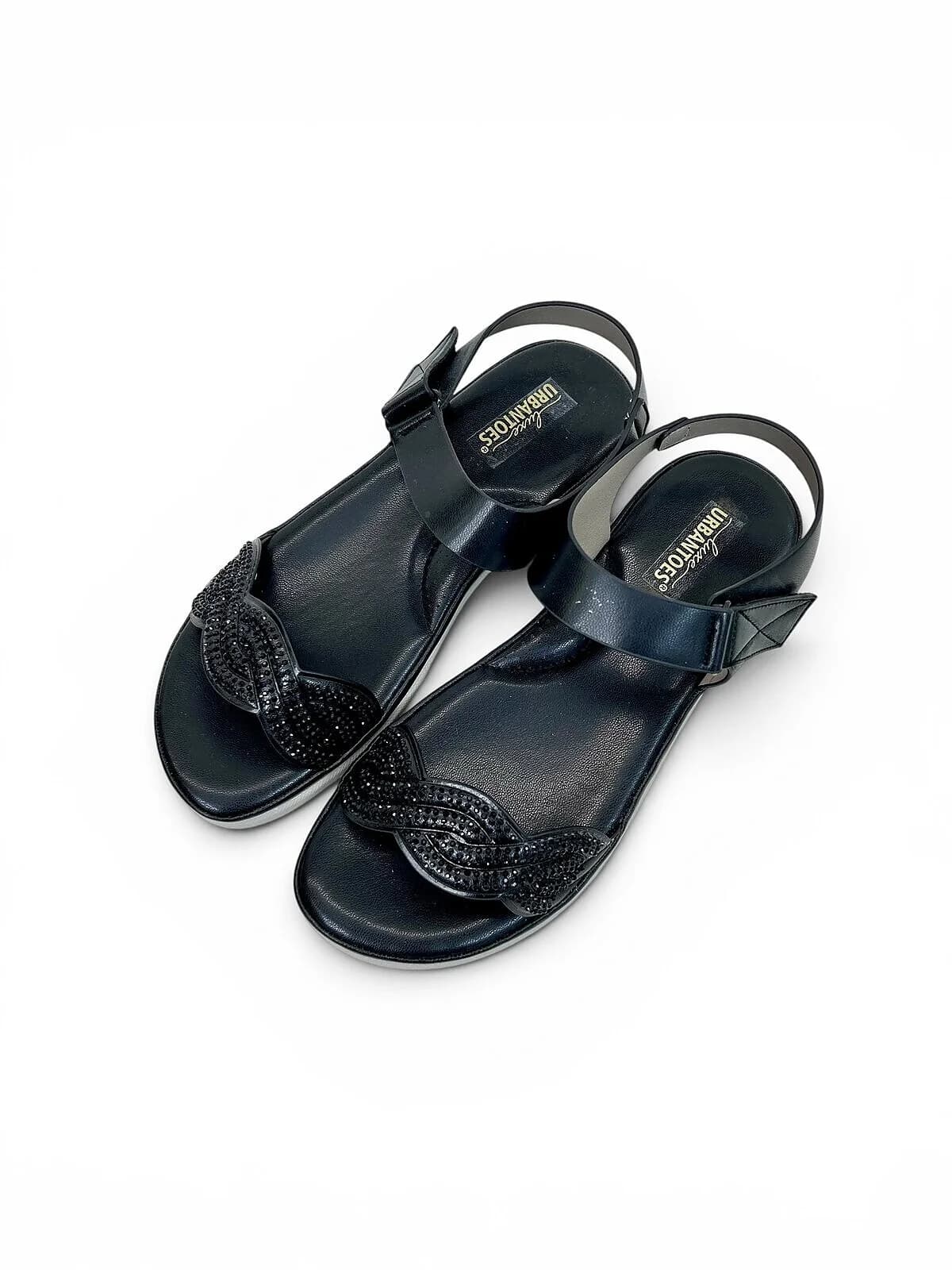 Black Comfort Wedge Sandals for Women with Rhinestone Strap | UrbanToes