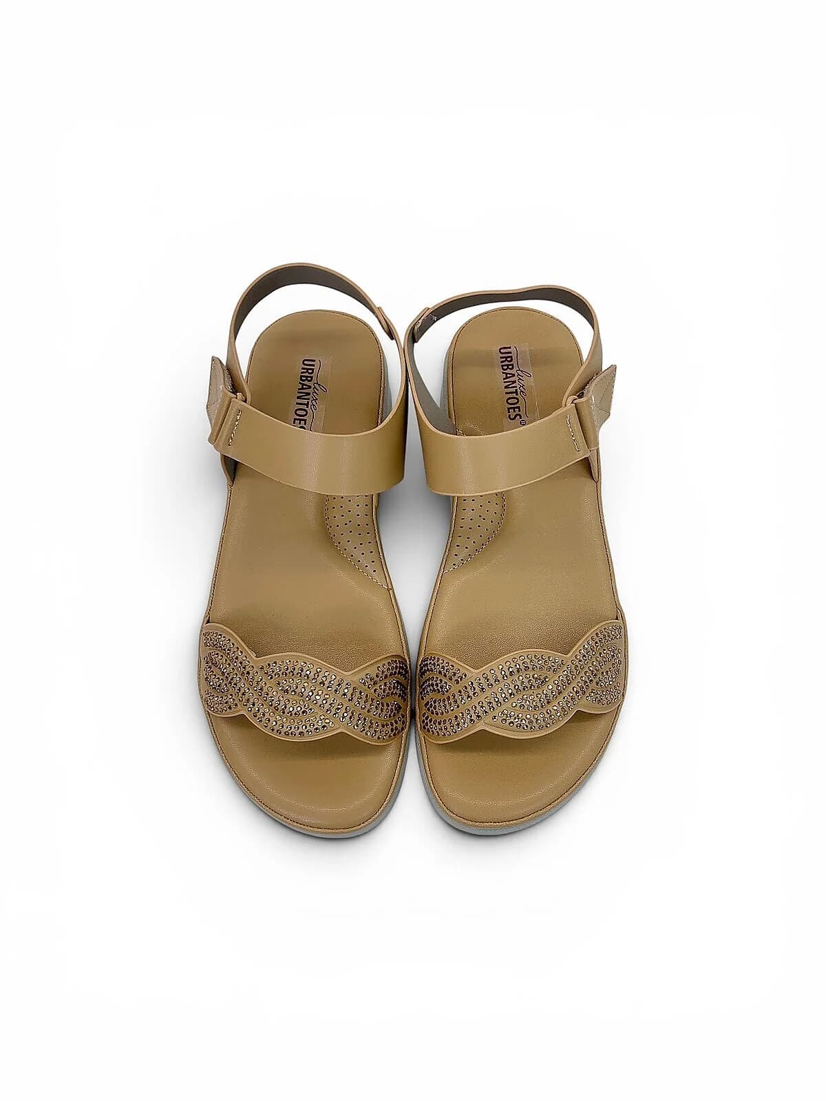 Tan Comfort Wedge Sandals for Women with Rhinestone Strap | UrbanToes