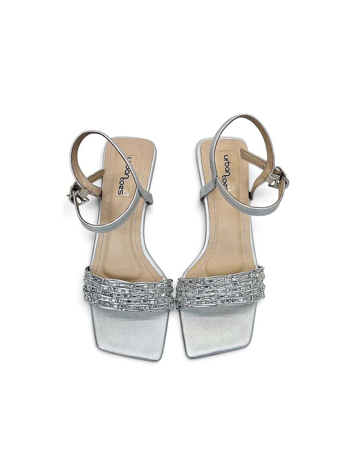 Silver Party Wear Kitten Heels for Women with Rhinestone Strap | UrbanToes