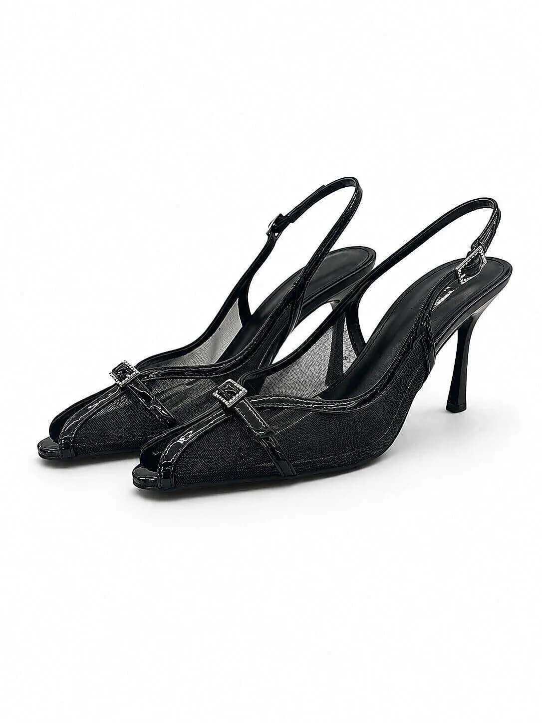 Black Mesh Slingback Heels for Women with Pointed Toe | UrbanToes