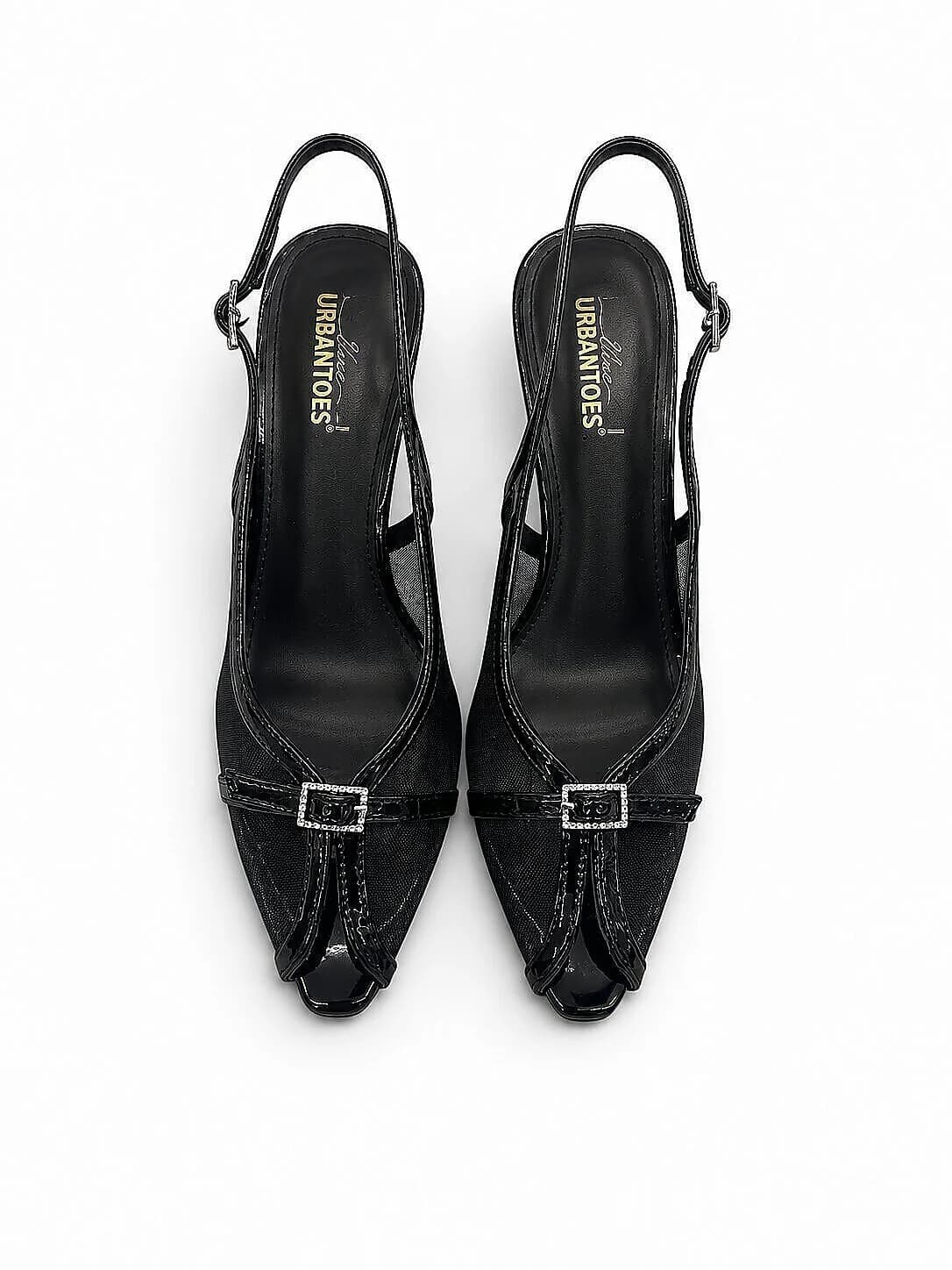 Black Mesh Slingback Heels for Women with Pointed Toe | UrbanToes