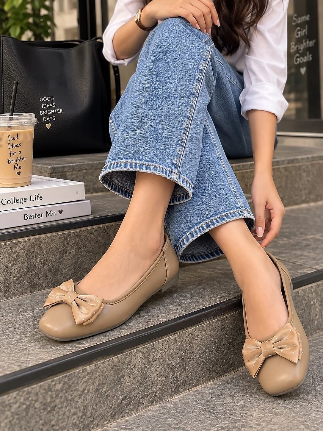 Light Brown Bow Ballerina Flats with Embellished Bow Detail