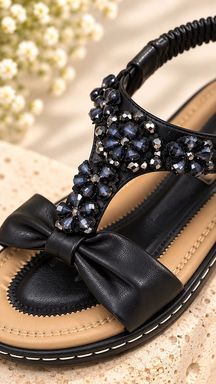 Black Floral Embellished Flat Sandals for Women