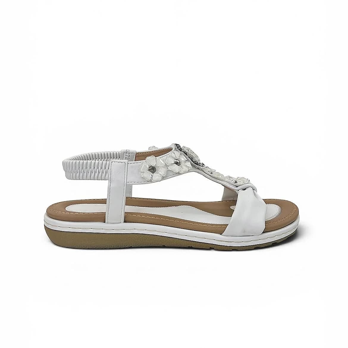White Floral Embellished Flat Sandals for Women