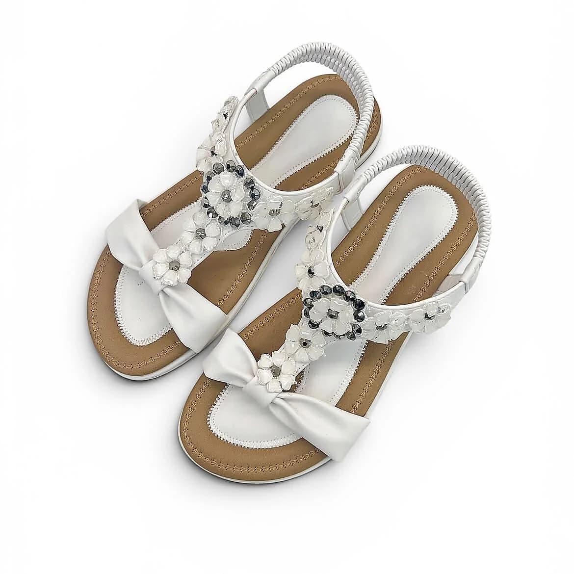 White Floral Embellished Flat Sandals for Women
