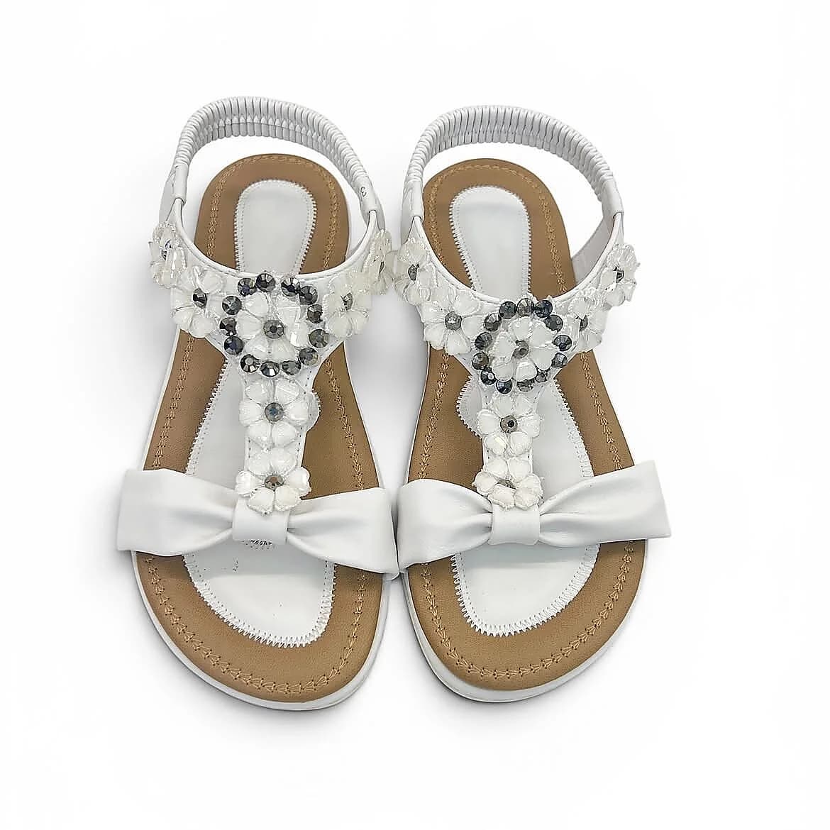 White Floral Embellished Flat Sandals for Women