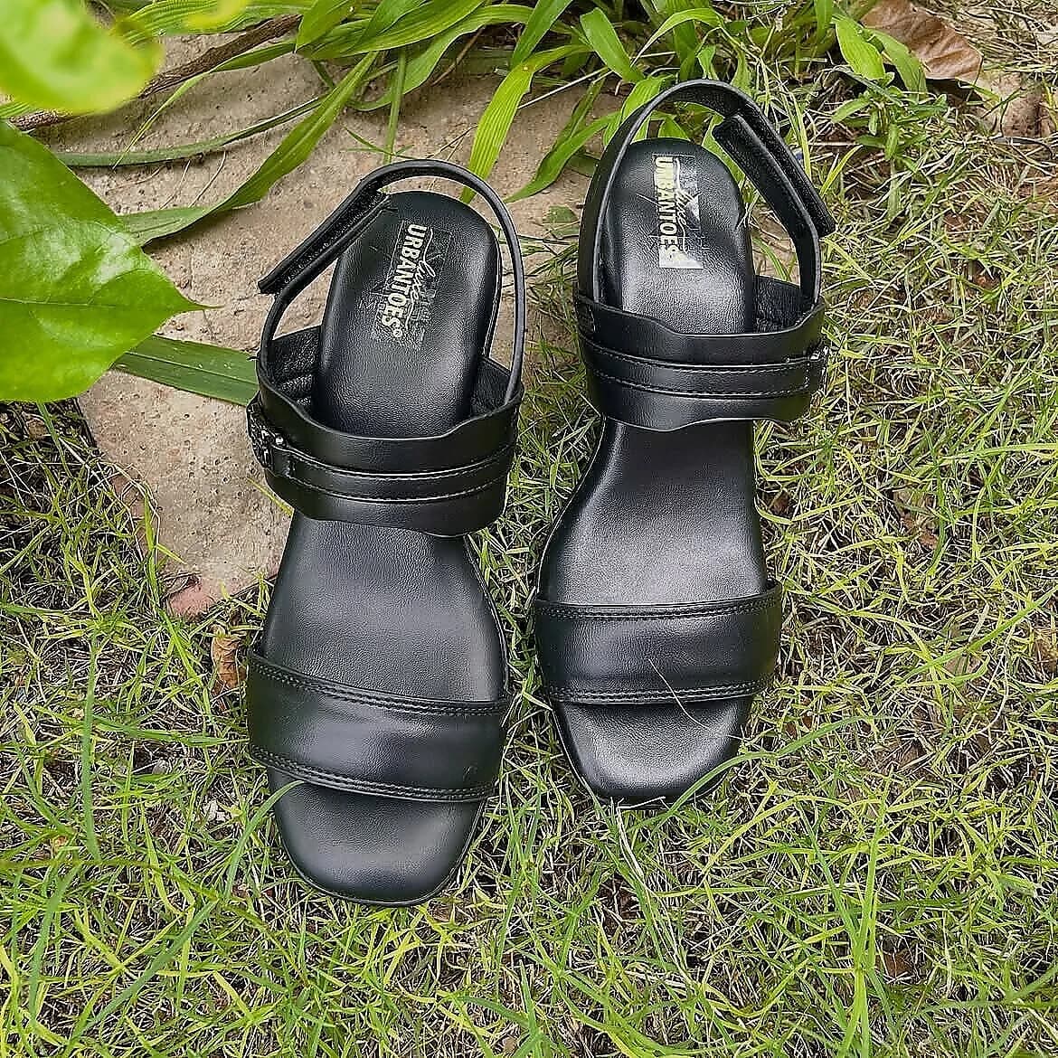 Black Block Heel Sandals with Buckle Detail for Women