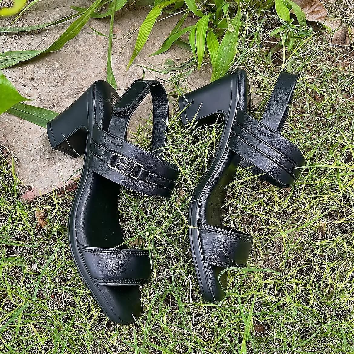 Black Block Heel Sandals with Buckle Detail for Women