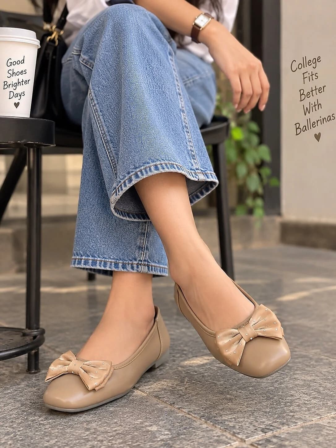 Light Brown Bow Ballerina Flats with Embellished Bow Detail
