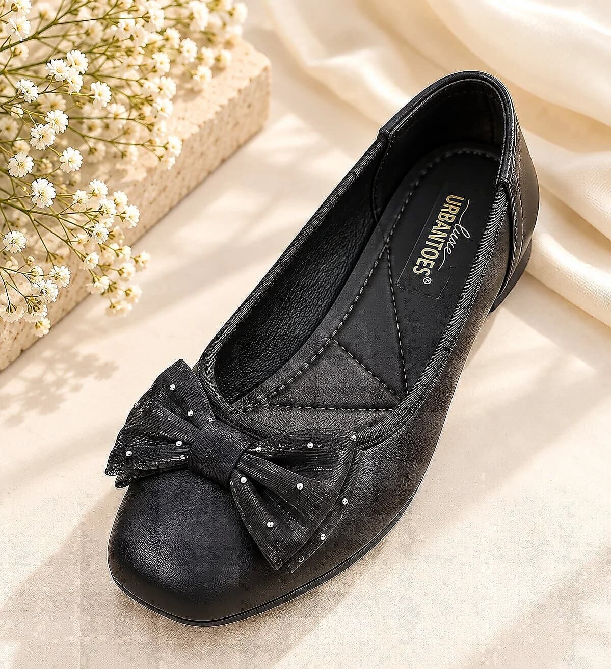 Black Bow Ballerina Flats with Embellished Bow Detail