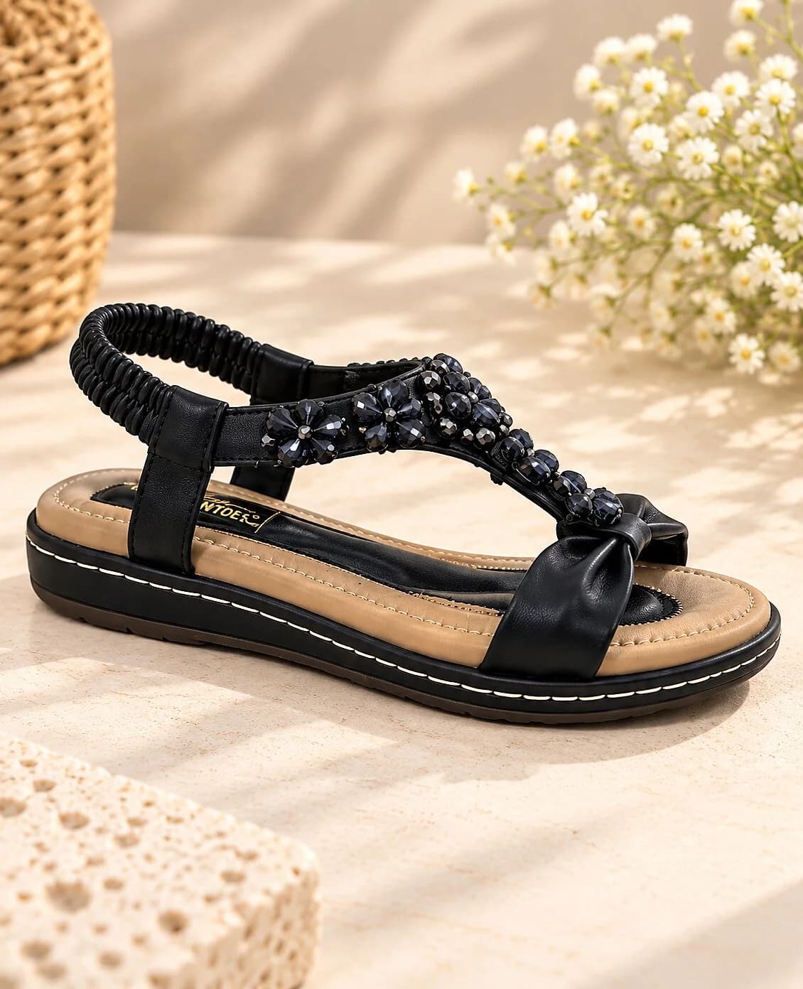 Black Floral Embellished Flat Sandals for Women