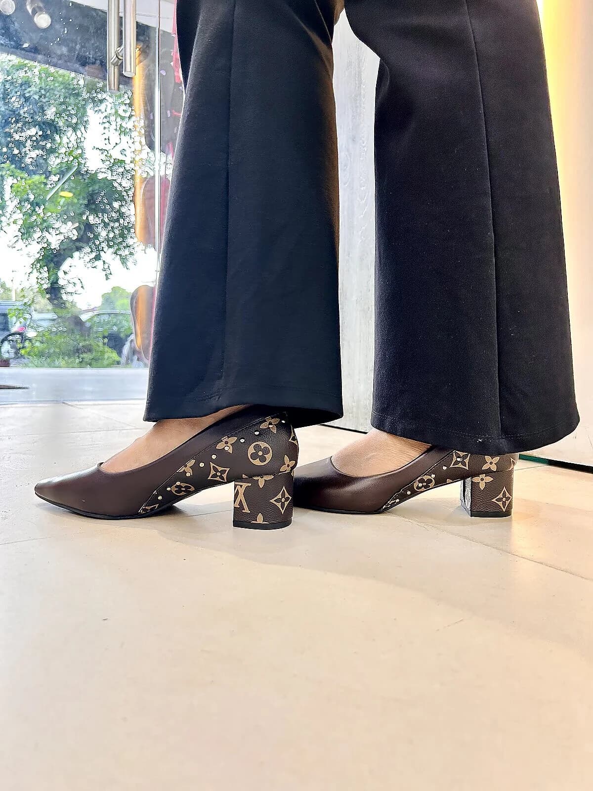 Brown Printed Block Heel Pumps for Women