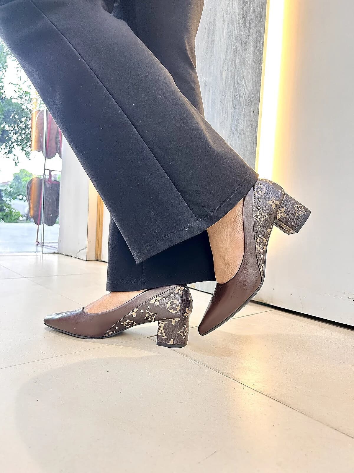 Brown Printed Block Heel Pumps for Women