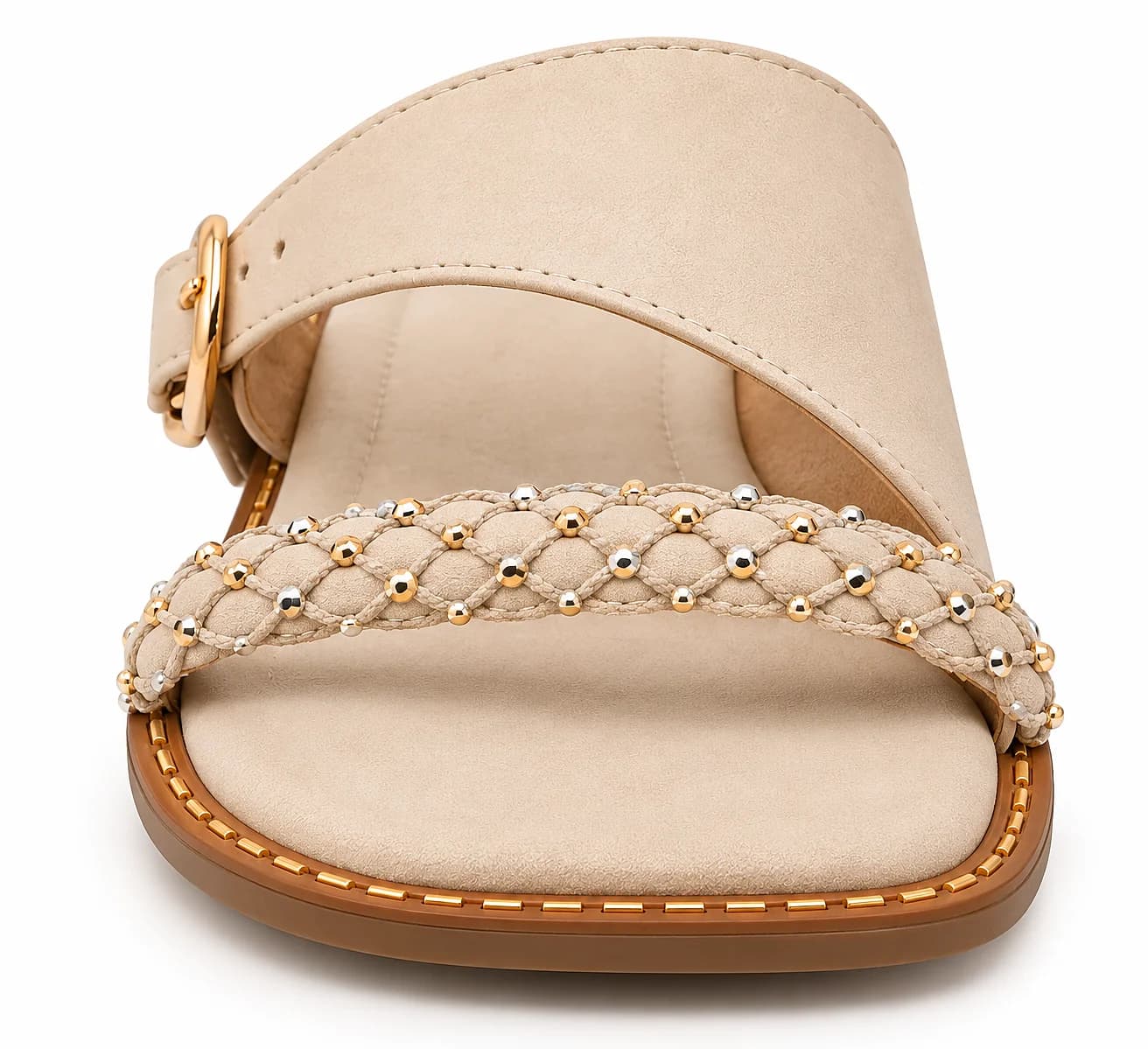 Cream Flat Sandals for Women with Braided Beaded Strap & Buckle