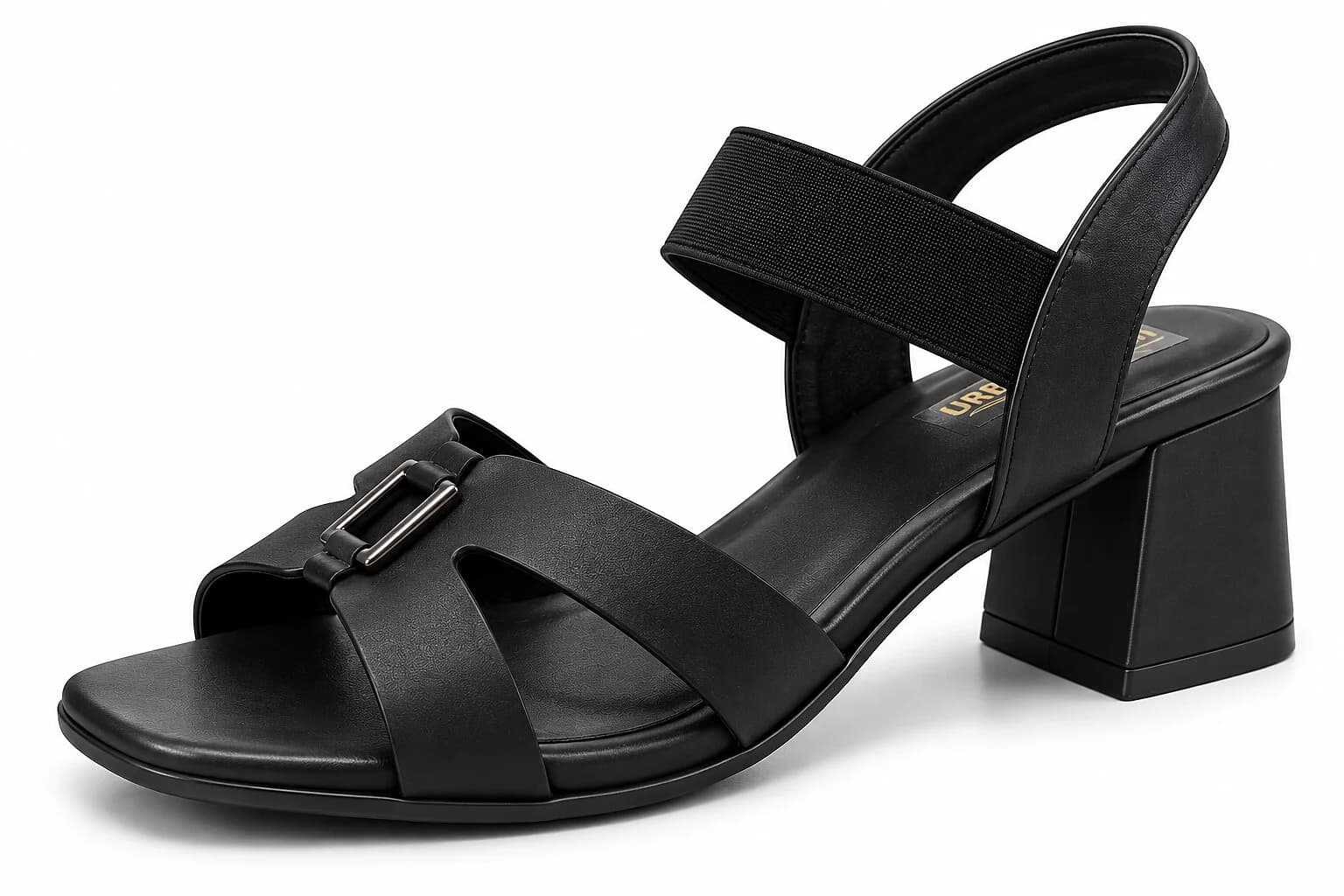 Women Black Block Heels with Gold Buckle Detail