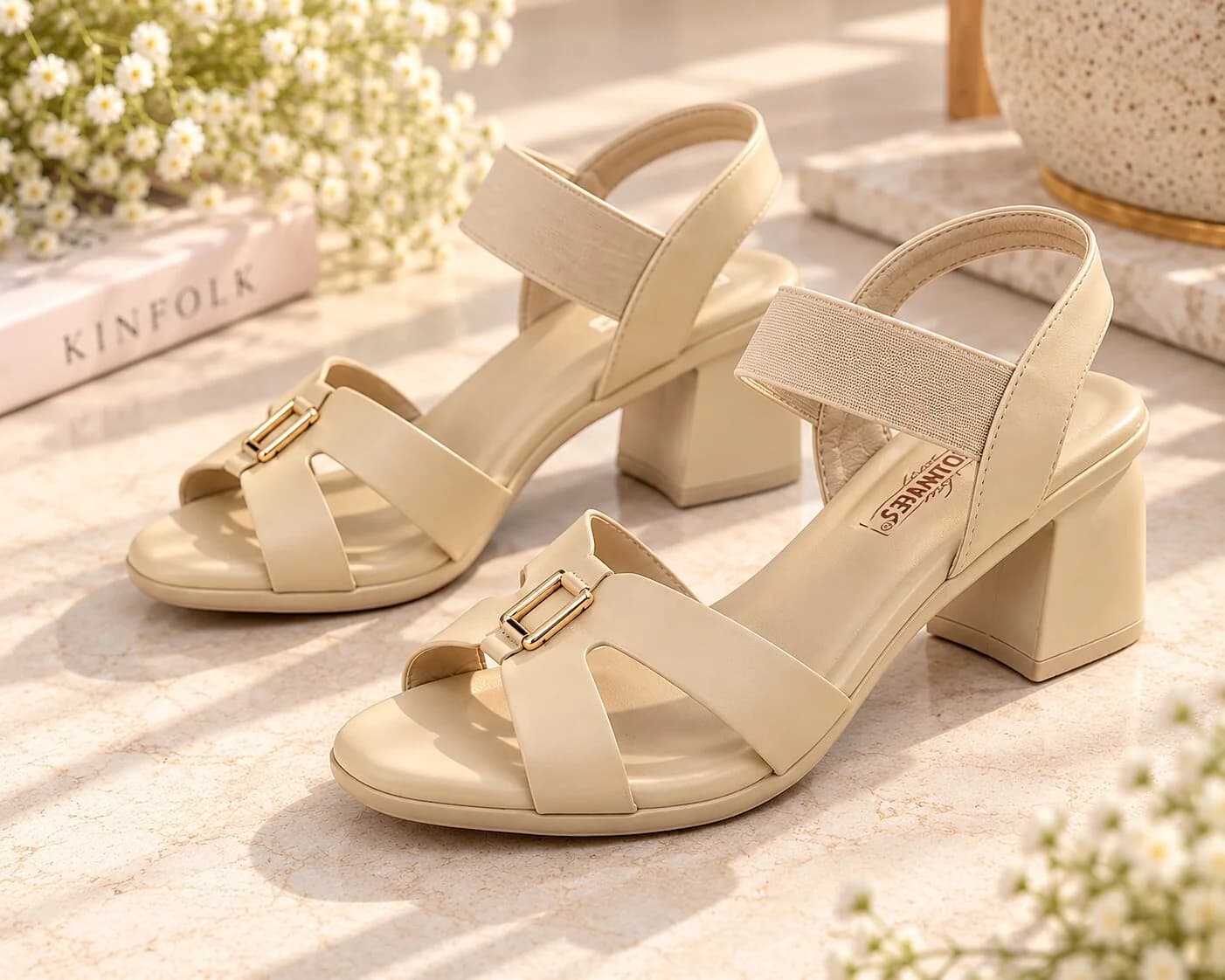 Women Beige Block Heels with Gold Buckle Detail