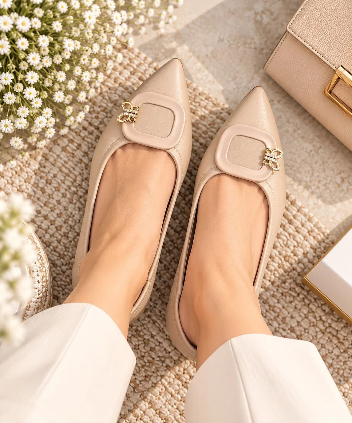 Women Beige Pointed-Toe Kitten Heels with Gold Buckle Detail