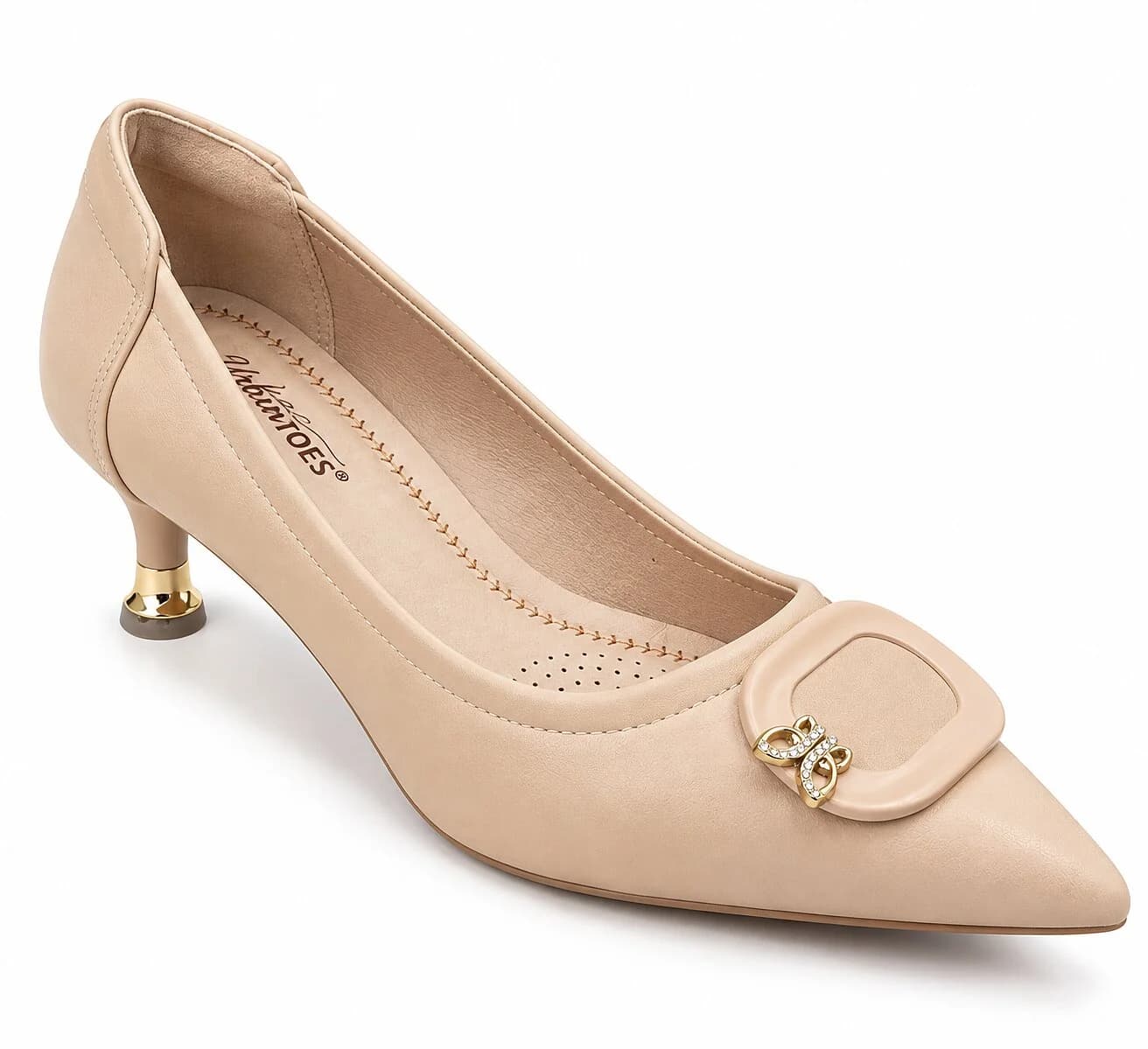 Women Beige Pointed-Toe Kitten Heels with Gold Buckle Detail
