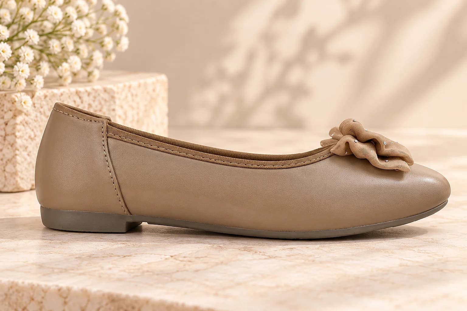 Light Brown Bow Ballerina Flats with Embellished Bow Detail