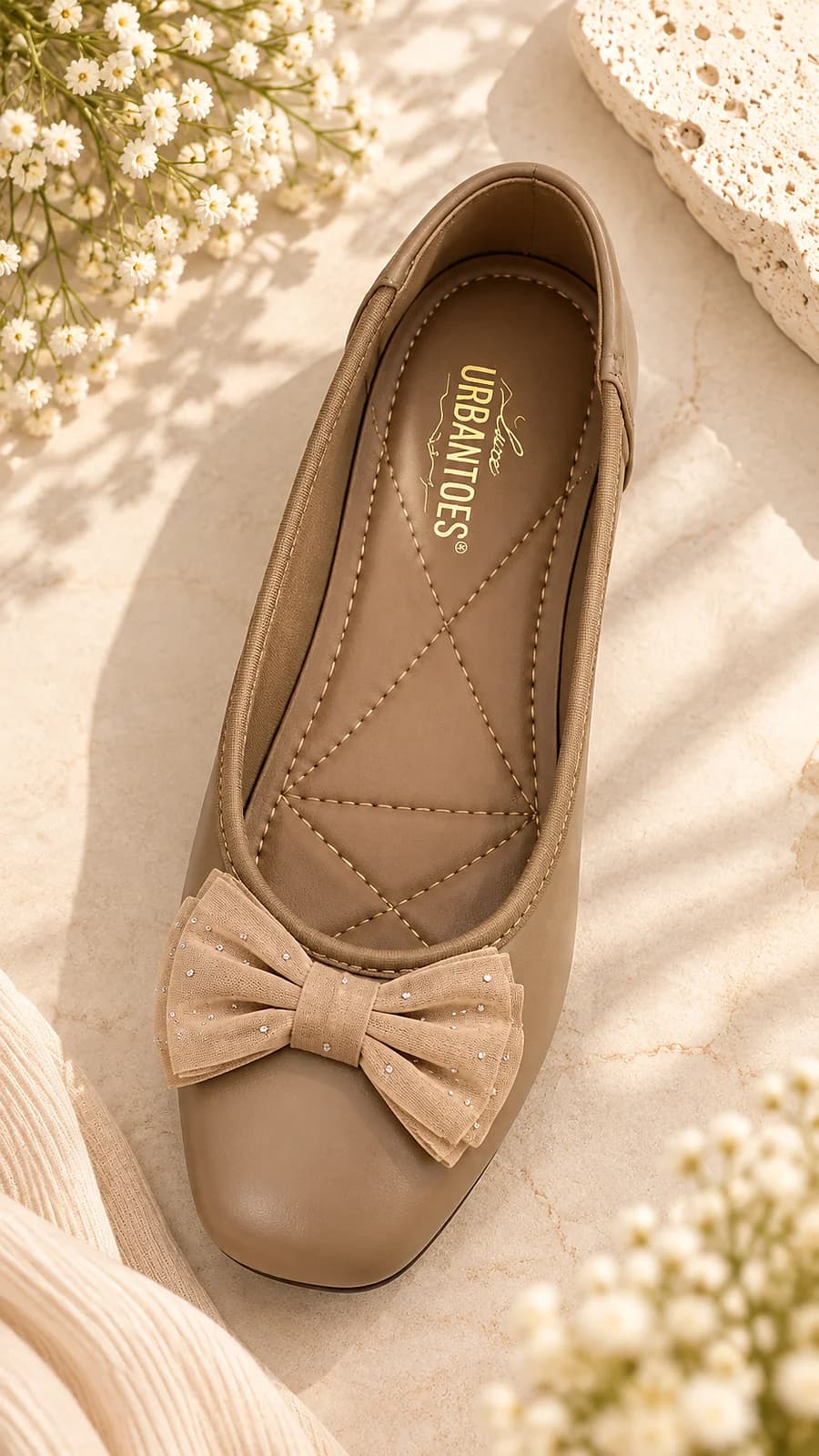 Light Brown Bow Ballerina Flats with Embellished Bow Detail