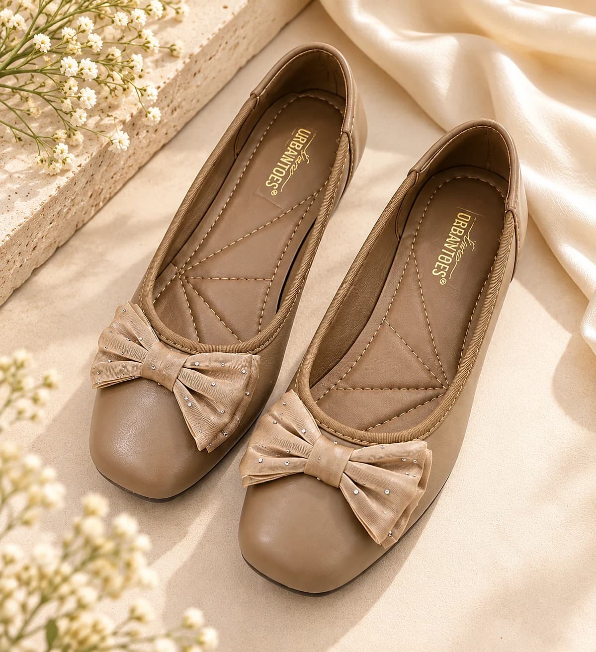 Light Brown Bow Ballerina Flats with Embellished Bow Detail